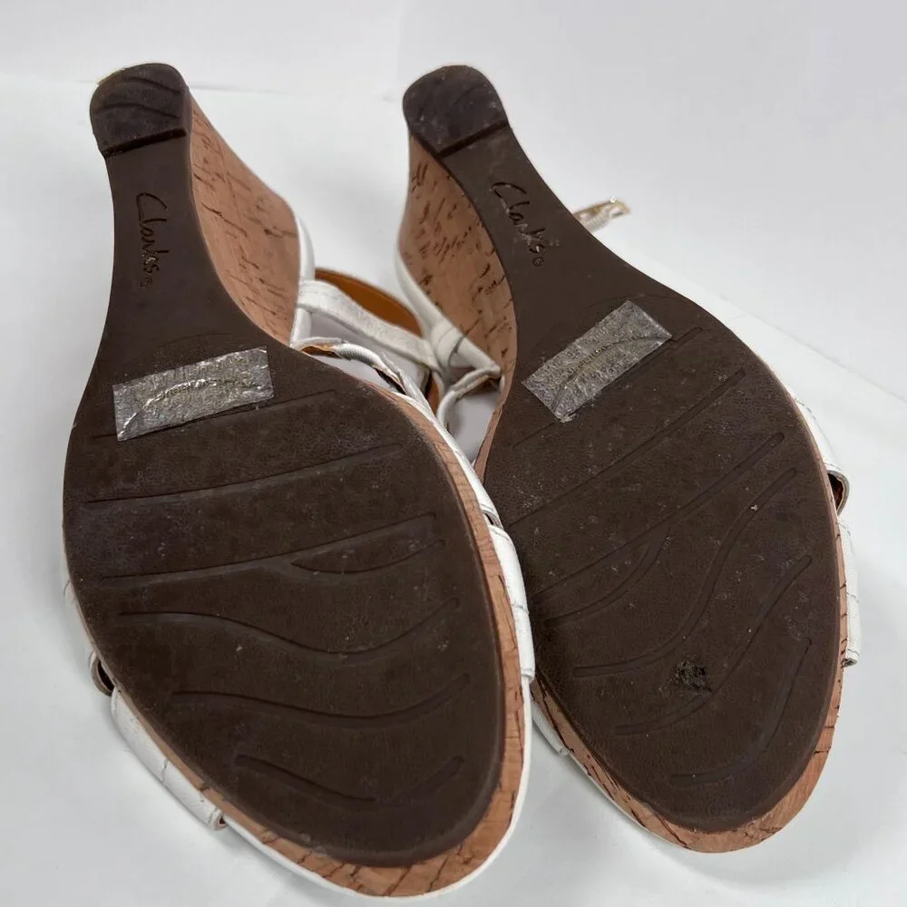 Clarks Bendables White Leather Sandals Wedge Cork‎ Heel Open Toe Womens 9